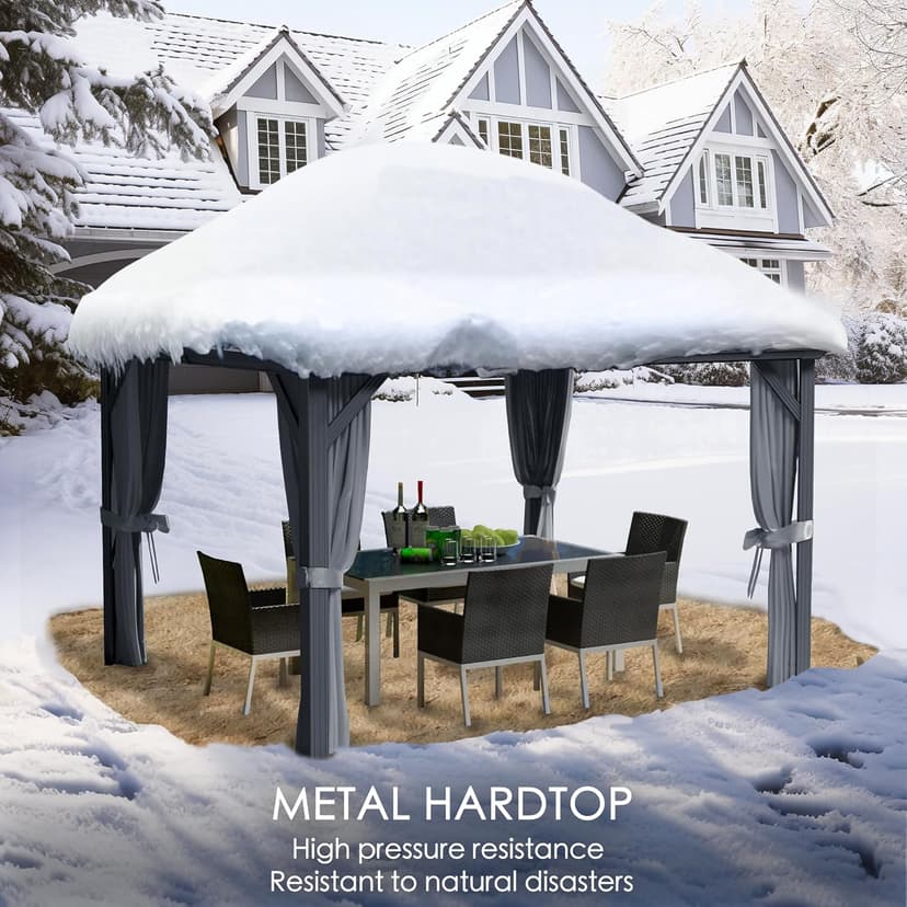 Kozyard Caesar 10'x12' Hardtop Gazebo - Permanent Metal Pavilion with Netting Shaded Curtains for Patio, Backyard, and Deck - Galvanized Steel Outdoor Aluminum Canopy, Double Roof Gazebo (Grey)