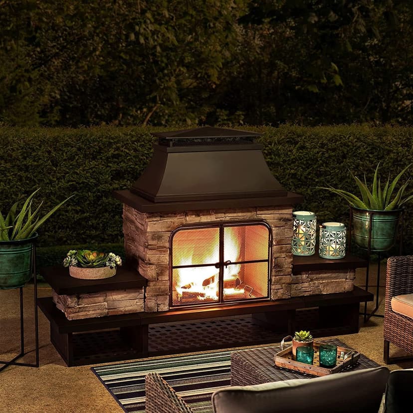 Sunjoy Outdoor Fireplace, Patio Wood Burning Fireplace with Steel Chimney, Mesh Spark Screen Doors, Fire Poker, and Removable Grate, Black