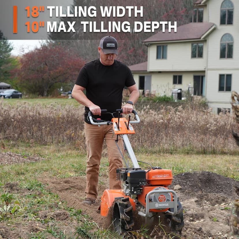 NOVUS18-Inch 212cc Dual Direction Rear Tine Tiller, Full Gear Transmission, Dual Rotating Tines, Airless Tires, Gas Tiller for Gardenig, Garden tillers Gas Powered