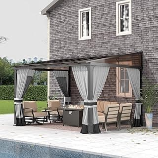 Gotland 10FTx12FT Outdoor Wall-Mounted Hardtop Pergola, Metal Frame Gazebo with Sloping Sun Panel Roof and Double Curtains for Patio, Garden, Lawn, Grey