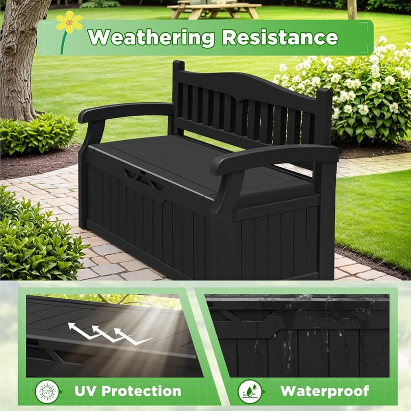 Greesum 80 Gallon Storage Bench Outdoor Deck Box with Armrest, Patio Furniture,Lockable, Waterproof and UV Resistant, Suitable for Garden, Pool, Black