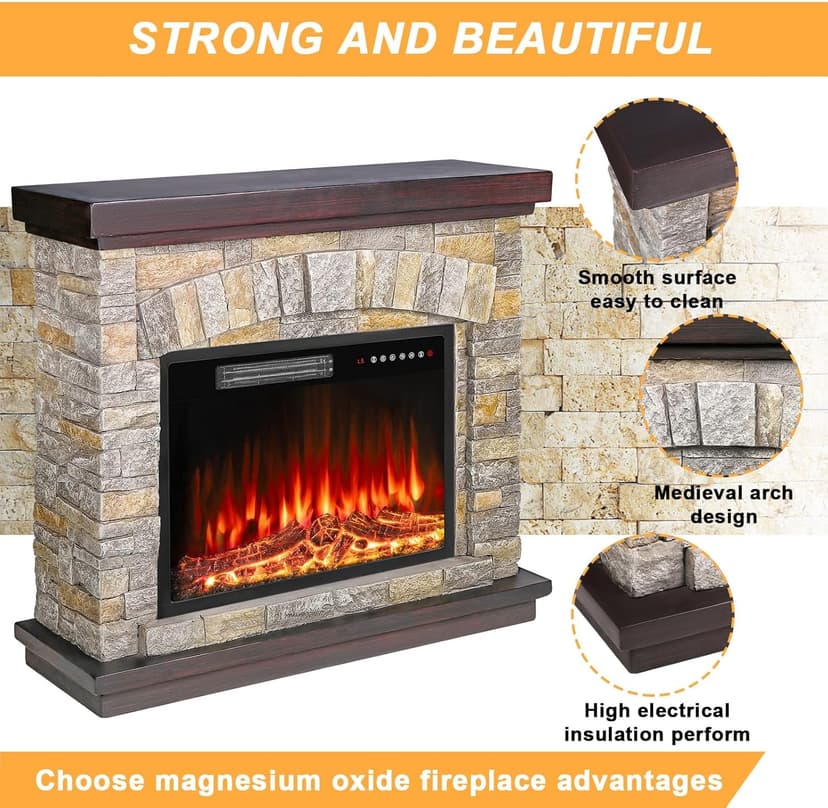BOSSIN 36" Electric Fireplace with Mantel, 23 inch Electric Fireplace Insert, TV Stand Freestanding Heater with Remote Control Timer LED Flame for Living Room Bedroom,Faux Stone Gray