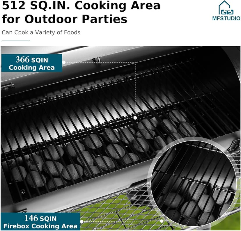 MFSTUDIO Heavy Duty Charcoal Wood Offset Outdoor Smoker Grill, Charcoal Grill with Smoker Combo for BBQ Grilling, 512 SQ.IN.