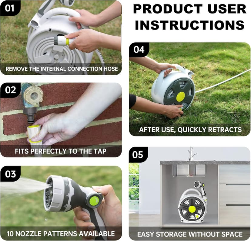 Retractable Garden Hose Reel, 65FT Heavy Duty Hose With 10 Spray Patterns - Leakproof, Durable & Compact Design for Garden Watering, Car Washing, Pet