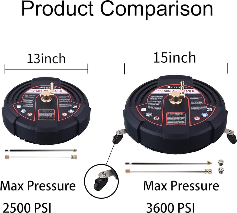 Tool Daily 15 Inch Pressure Washer Surface Cleaner Attachment with Wheels, with 2 Power Washer Extension Wands and 2 Replacement Nozzles, 3600 PSI, Black