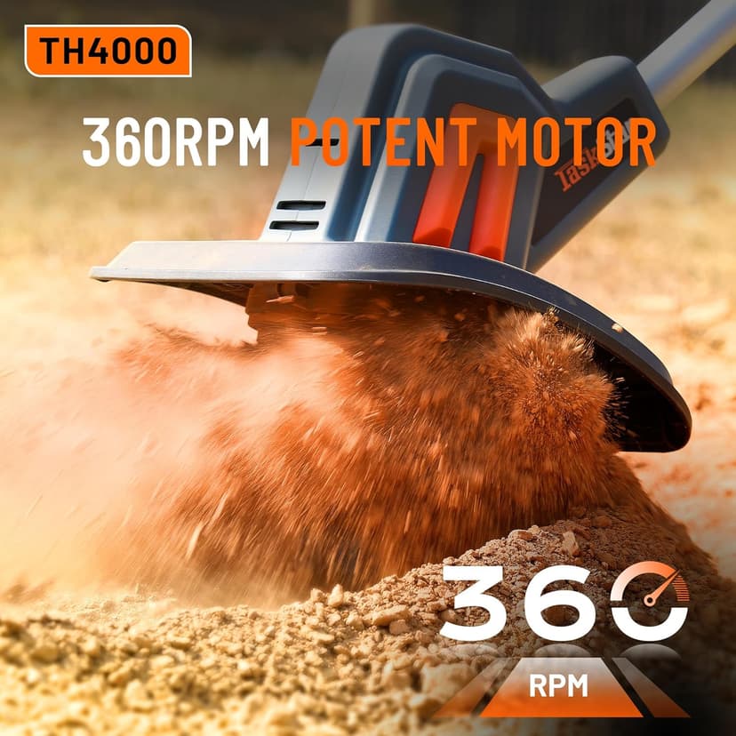 Cordless Tiller for Gardening 360 RPM Rototiller TH4000 Cultivator TaskStar Electric Garden Tiller Battery Powered Total 4000mAh,48 Heavy-Duty Steel Tines for Smooth Ground Breaking,Tending,Composting