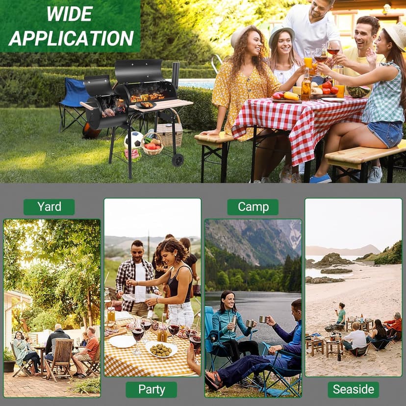 Outvita Charcoal Grill and Offset Smoker, Outdoor Patio Barbecue Cooker with Wheels, Portable Backyard BBQ Oven with Side Fire Box for Camping, Picnic, Party