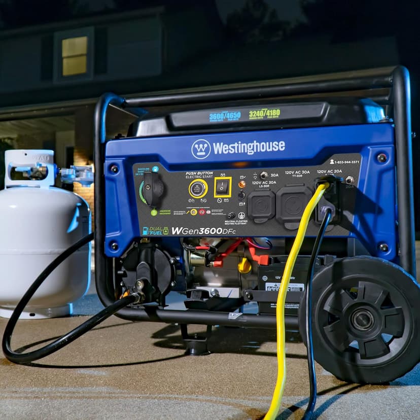 Westinghouse 4650 Peak Watt Dual Fuel Portable Generator, Remote Electric Start with Auto Choke, RV Ready 30A Outlet, Gas & Propane Powered, CO Sensor