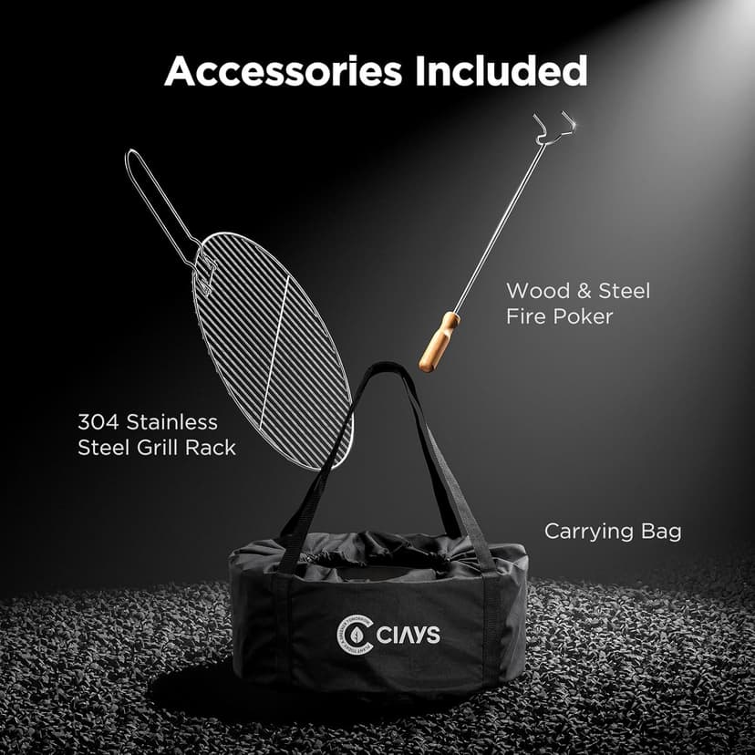 CIAYS Smokeless Firepit, 19 Inch Fire Pit for Camping with Patented Technology, Portable Fire Pit for Outside with Steel Grill Rack, Fire Poker, and Bag, Easy Setup and Storage, Wood Burning