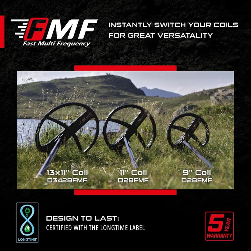 XP Metal Detectors 11” FMF Coil Compatible with Deus II Metal Detector - Fast and Simultaneous Multi Frequency Coil from 4 to 45 kHz - with Coil Cover & Lower Stem