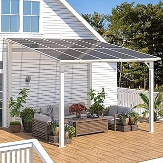 AECOJOY 10' x 10' Pergola Gazebo in White, Small Wall Mounted Pergolas and Gazebos on Clearance, Outdoor Patio Lean to Gazebo Metal Awnings for Deck, Porch, Backyard and More