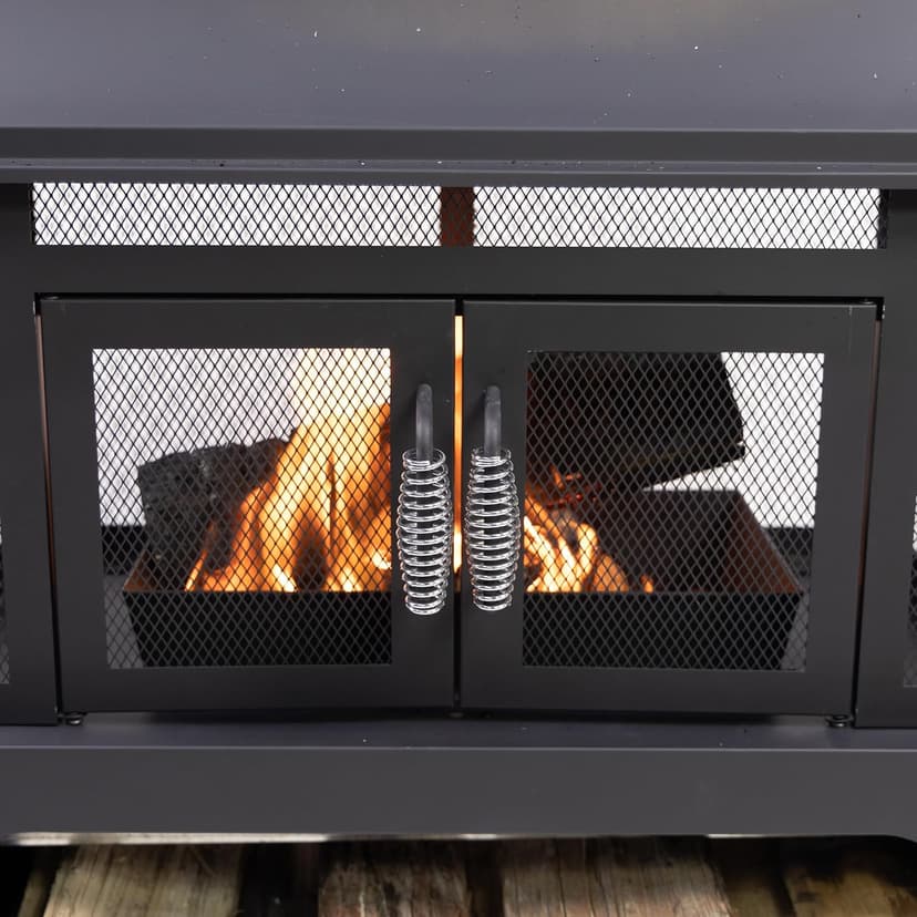 70 Inch Rectangular Outdoor Fireplace - Steel Woodburning Fireplace with Side Tables - Fire Place with Integrated Log Storage and Log Poker - Durable Fireplace for Patio Backyard