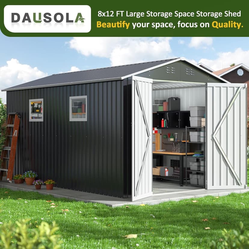 8x12 FT Outdoor Storage Shed, Metal Garden Tool Shed with Updated Frame Structure, Lockable Doors and Windows, Ideal for Backyard Garden Patio Lawn, Grey