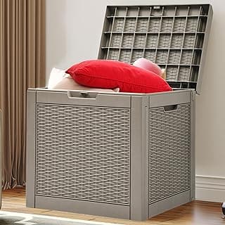 YITAHOME 32 Gallon Deck Box, Indoor Outdoor Storage Box for Patio Furniture, Pool Accessories, Cushions,Garden Tools,Sports Equipment, Waterproof Resin Rattan with Lockable Lid and Side Handles(Brown)
