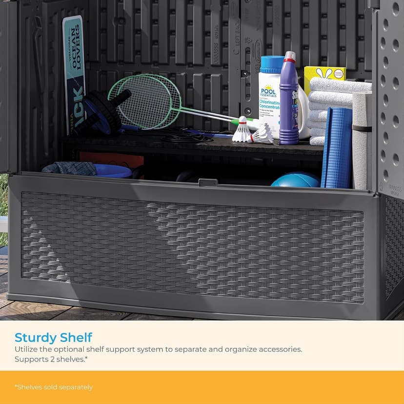 Suncast Backyard Oasis Vertical Deck Box, 195-Gallon Patio Storage Box for Furniture Cushions, Grill Tools, and Pool Accessories, Cool Gray, Made in the USA