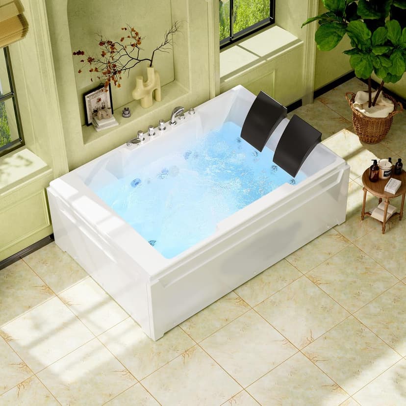 Empava 1125W Whirlpool Tub,72" x 48" Jetted Bathtub for 2 Person, Hydro Massage & Chromatherapy,ETL Certified,3 Sided Apron,Acrylic ,110 Gallons,Left Drain