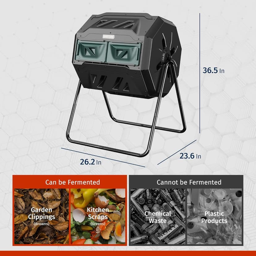 EAST OAK Compost Tumbler Outdoor, 43-Gal Dual Chamber Compost Bin with 2 Sliding Door and Aeration System, Tumbling Rotating Composter Bin for Kitchen, Garden, Yard