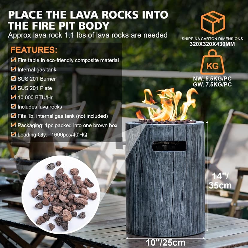 CHANGE MOORE Propane Fire Pit, Composite Materials 10-inch FirePit Table Round Base, Fire Water Resistant Anti-Freezing 10,000 BTU, Free Lava Rocks, CSA Certified Fire Pits for Patio Garden Outdoor