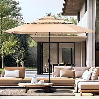 PHI VILLA 10ft Patio Umbrellas, Outdoor 3 Tier Vented Large Market Table Umbrella with 8 Sturdy Ribs and 1.5" Umbrellla Pole for Lawn Poolside Garden Terrace, Beige(No Base)