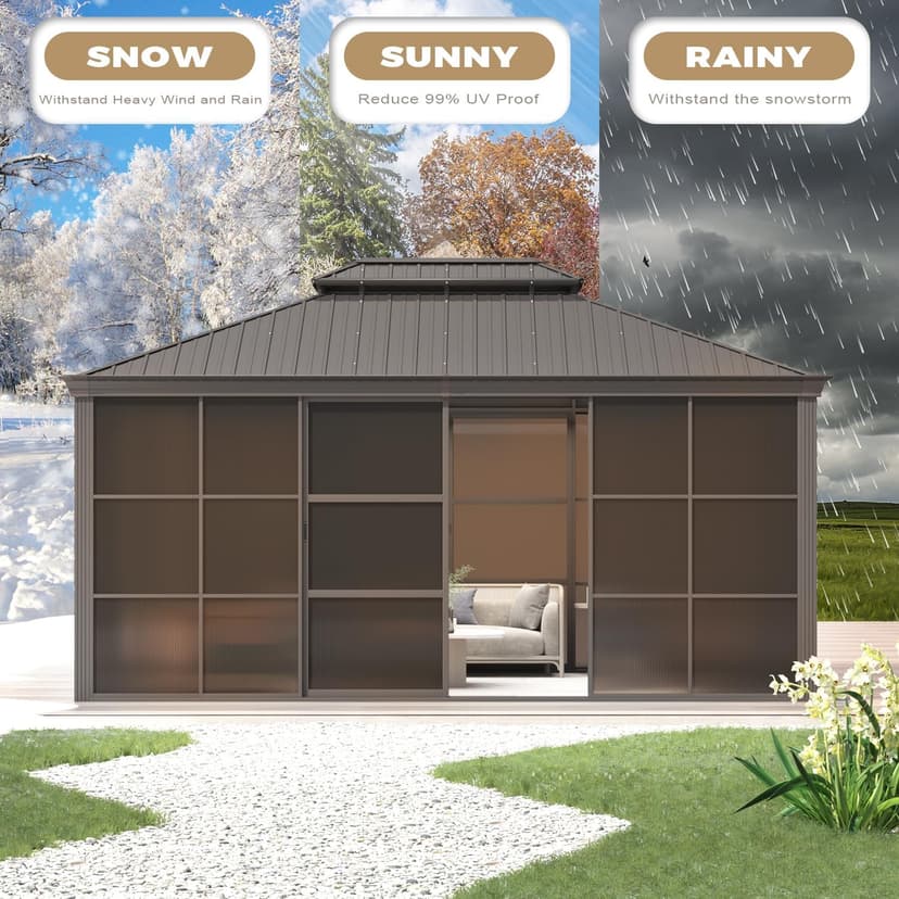 EROMMY 12' x 16' Sunroom, All-Season Gazebo Solarium with Sliding Doors, Lockable PC Screen Walls, Outdoor Permanent Sun Room with Galvanized Steel Roof, Aluminum Frame, for Garden, Patio, Deck