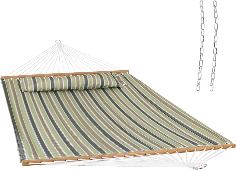 Sunnydaze Quilted Outdoor Hammock with Spreader Bars - Heavy-Duty 450-Pound Capacity Double Hammock for Outside - Khaki Stripe