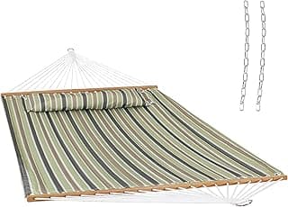 Sunnydaze Quilted Outdoor Hammock with Spreader Bars - Heavy-Duty 450-Pound Capacity Double Hammock for Outside - Khaki Stripe
