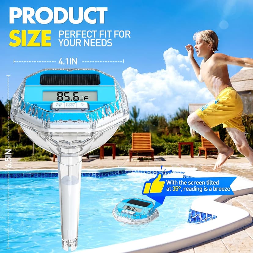 Solar Digital Pool Thermometer Floating Easy Read, Large LCD Screen Pool Thermometer with Light Show, IP68 Waterproof Water Temperature for Hot Tub,Spa