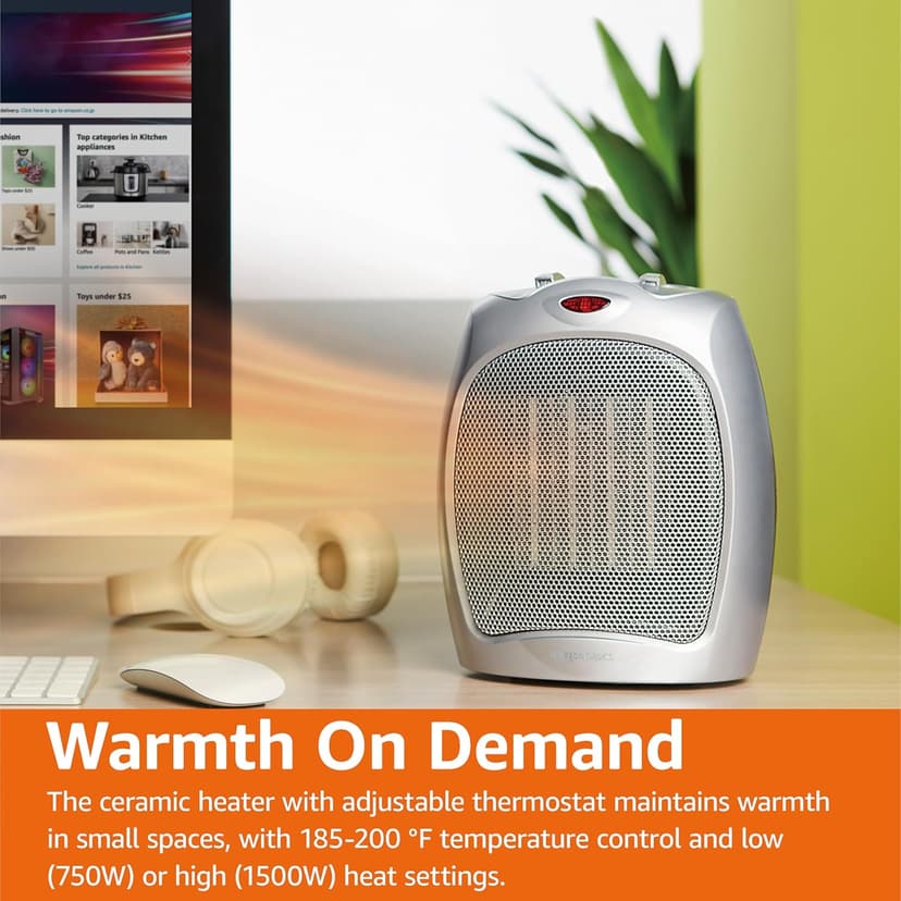 Amazon Basics Ceramic Space Heater, Portable Heater for Indoor Use, for Office and Home, With Overheat and Tip-Over Protection, Thermostat, Non-Oscillating, 1500W, Silver, 7.52"D x 6.34"W x 9.45"H