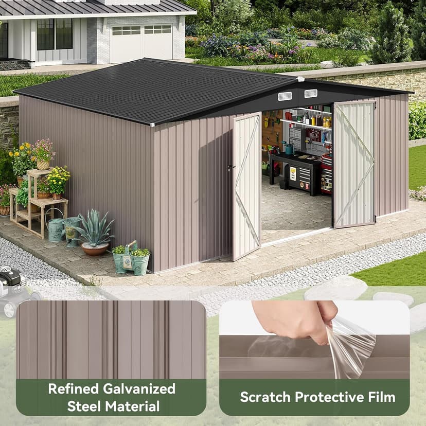 Aoxun 14x12 FT Shed Outdoor Storage Shed 800CUFT, Steel Utility Tool Shed Storage House with Door & Lock, Metal Sheds Outdoor Storage for Garden Patio Lawn Poolside, Brown