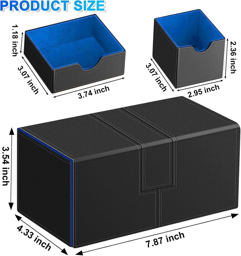 Card Deck Case for Trading Cards, Deck Storage Box for 200 Single Sleeved Cards Large Twin Flip Deck Case with 1 Storage Dice & 2 Trays Fits EDH/YuGiOh/MTG/TCG/CCG (Small-Black&Blue)