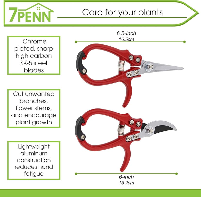 7Penn Garden Pruning Shears - 2pc Straight and Curved Sharp Blade Gardening Hand Tools with Red Ergonomic Grip Handles