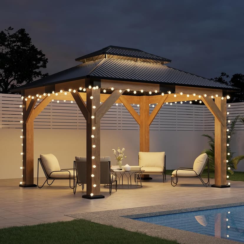 AMERLIFE 10x12 Solid Wood Gazebo, Hardtop Gazebo with Solid Spruce Frame and Aluminum Double Roof, Outdoor Pergola for Parties, Backyard, Patio, Lawns, Black + Natura Wood
