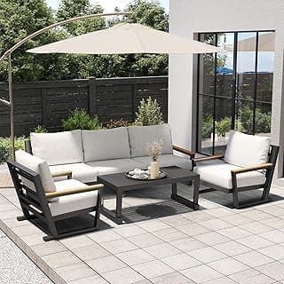 Aluminum Outdoor Sofa,4 Seats Modern Patio Furniture Set,Sectional Sofa Conversation Set with Coffee Table, Upgraded Washable Cushions for Garden Backyard,Grey