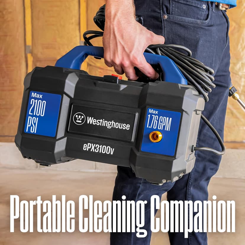 Westinghouse ePX3100v Electric Pressure Washer, 2100 Max PSI 1.76 Max GPM, Built-in Carry Handle, Detachable Foam Cannon, Pro-Style Steel Wand, 4-Nozzle Set, for Cars/Fences/Driveways/Home/Patios