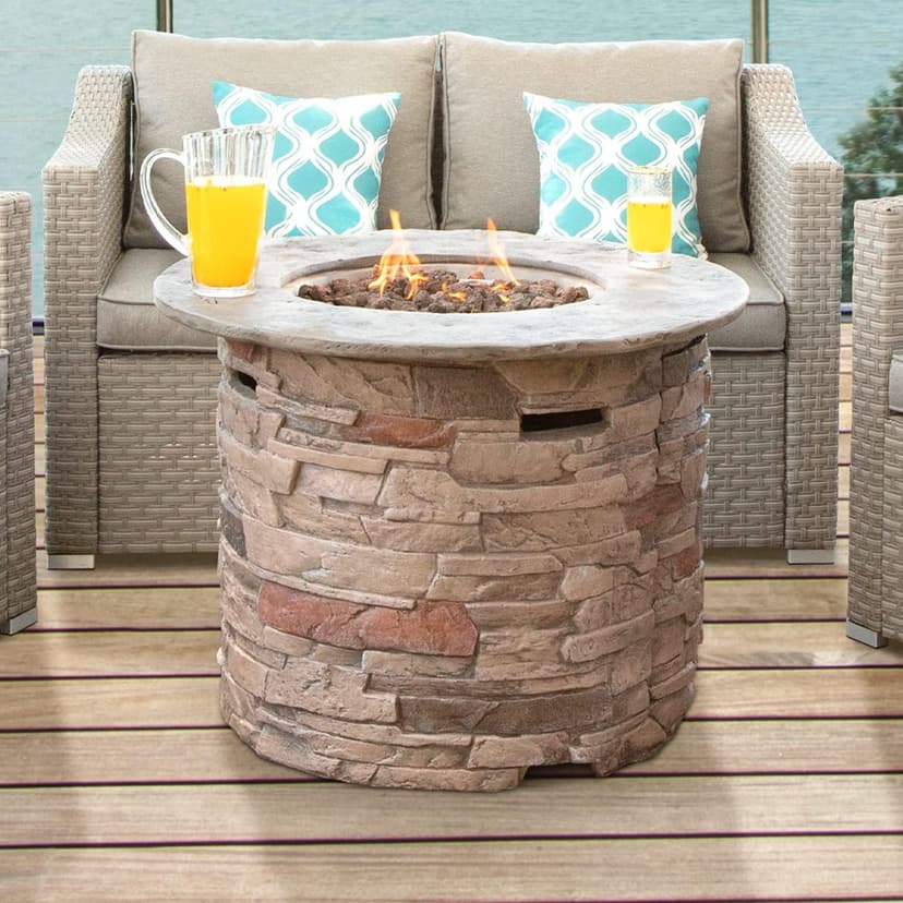 SUNBURY Outdoor Fire Pit Propane Round Fire Pit Table Fire Column, Stonecrest 40,000 BTU Gas Fire Pits for Outside w Lava Rocks, Waterproof Cover, CSA Certified