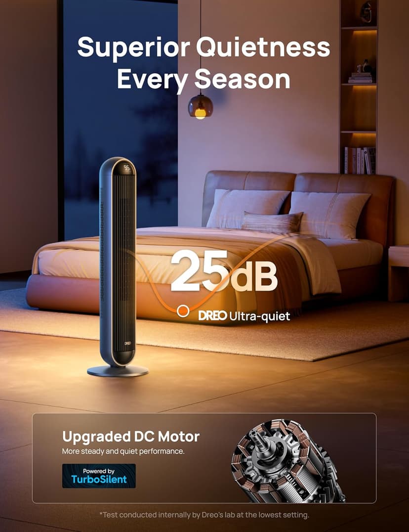 Dreo Tower Fan and Heater Combo, 29.2ft/s Standing Fans for Bedroom, 17 Levels, 6 Modes, 120° Oscillation, 42 Inch, 12H Timer, 25dB Quiet, with Remote, for Office, Large Room, Silver