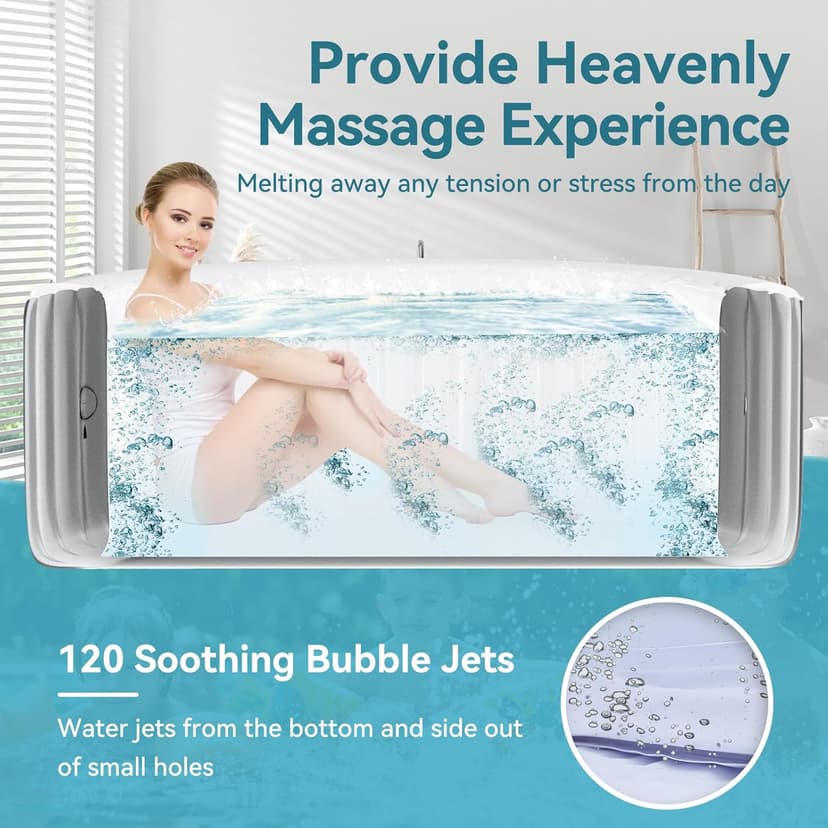 2-4 Person Inflatable Hot Tub, Round Portable Blow up Hot Tub, Leak-Proof PVC Outdoor Spa with 120 Air Jets, Insulated Cover & Heater Pump, 71” X 71” X 25”