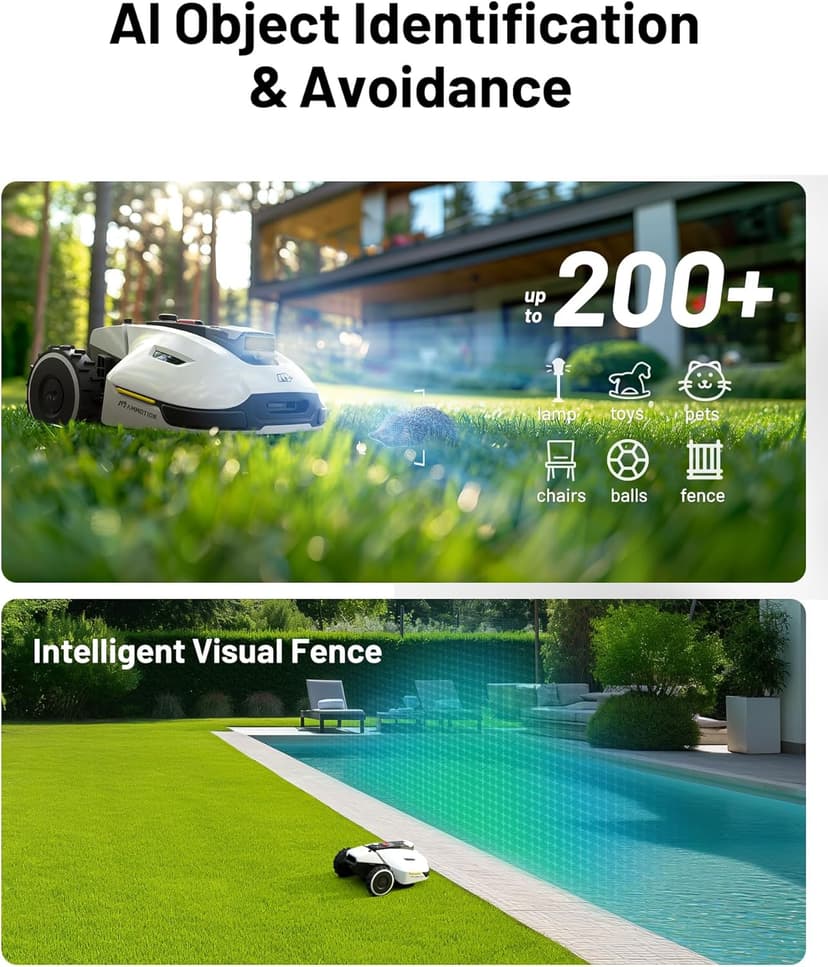YUKA 2000 Robot Lawn Mower with Garage Standard, Reception 0.5 Acre,Max. 0.6 Acre, Ultrasense AI Vision & RTK, Auto Mapping & App Control,45% Slope,Dual Cutting Discs, 20 Mowing Zones