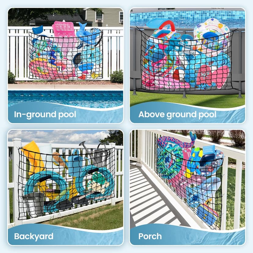Pool Toy Float Storage Net - 71*47 Inch Extra Large Elastic Mesh Fence Net with 20 Hooks Outdoor Hanging Pool Storage Organizer for Pool Floats, Swim Rings, Balls, Inflatable Toys Pool Accessories
