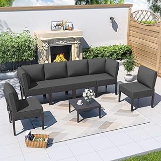 Kurapika 7 Pieces Metal Patio Furniture Set Modern Metal Outdoor Conversation Sets, Patio Sectional Sofa w/5 Inch Cushion and Coffee Table, Black