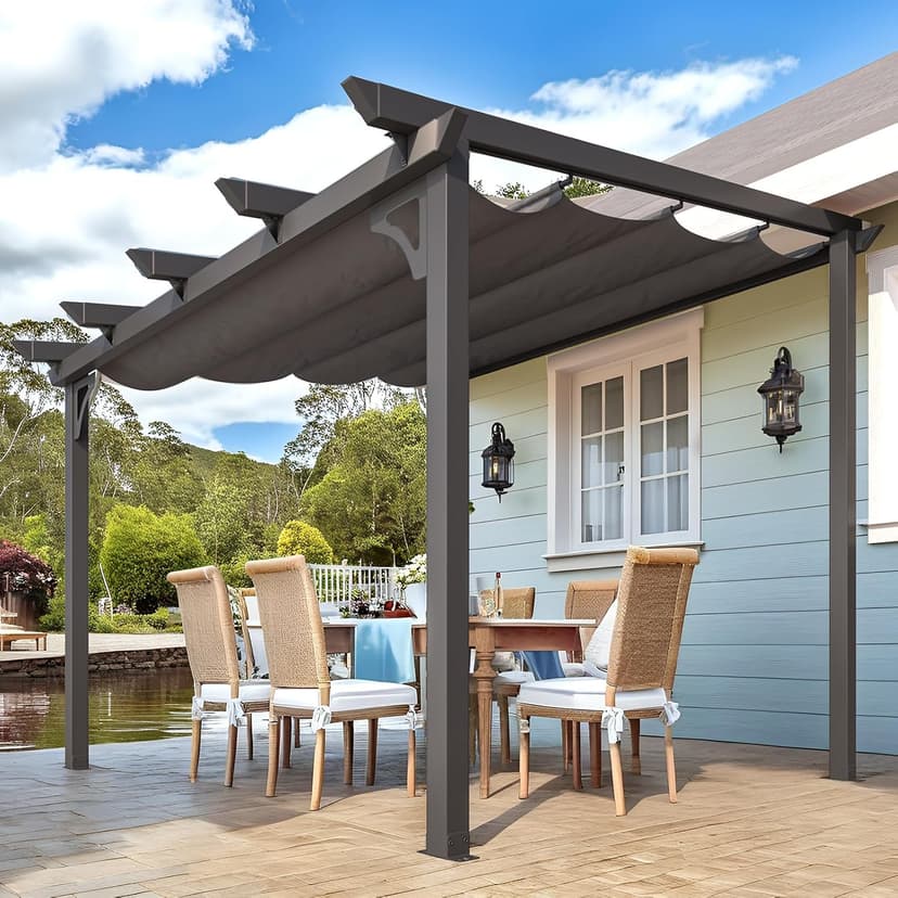 AECOJOY 10' x 8' Gazebo for Patio, Retractable Pergola with Adjustable Sun Shade Canopy Roof, Small Wall-Mounted Lean to Outdoor Pergolas and Gazebos Clearance, Metal Awnings for Decks, Patio