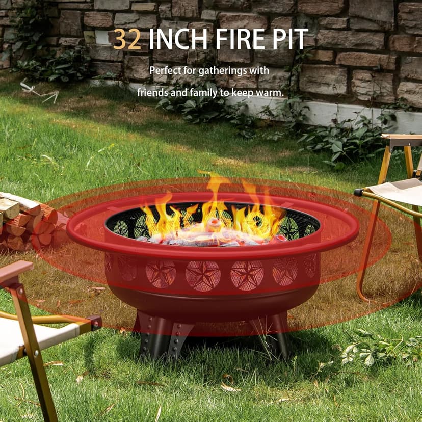 3-in-1 Fire Pit with Swivel Cooking Grate, 32 Inch Wood Burning Firepit with Grill, Outdoor Fire Pits Table with Metal Lid and Poker for Outside Patio Backyard BBQ Bonfire Camping (Black)