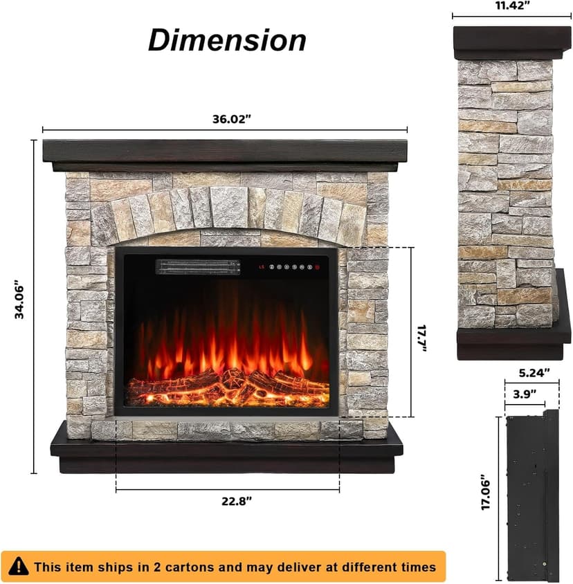 BOSSIN 36" Electric Fireplace with Mantel, 23 inch Electric Fireplace Insert, TV Stand Freestanding Heater with Remote Control Timer LED Flame for Living Room Bedroom,Faux Stone Gray