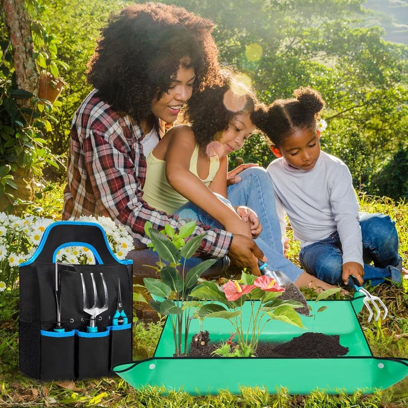 Garden Tool Set with Non Slip Rubber Grip,11 Piece Stainless Steel Gardening Tool Sets,Heavy Duty Outdoor Hand Tools Kit,Durable Tote Bag,Repotting mat,Uprooting Weeding Tool,Ideal Gifts Blue