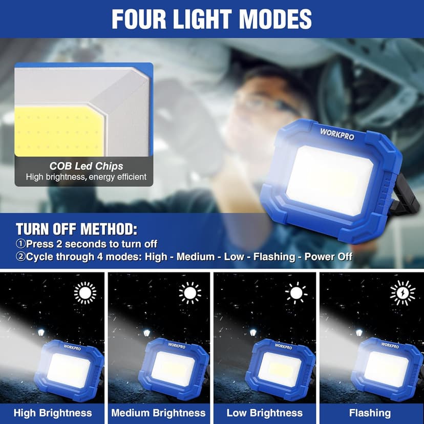 WORKPRO LED Work Light, Rechargeable Magnetic Work Lights with Stand, Portable, Waterproof, 2000LM COB Flood Light for Camping, Fishing, Car Repair, Job Site Lighting, Hiking, 4 Modes, 2 Pack