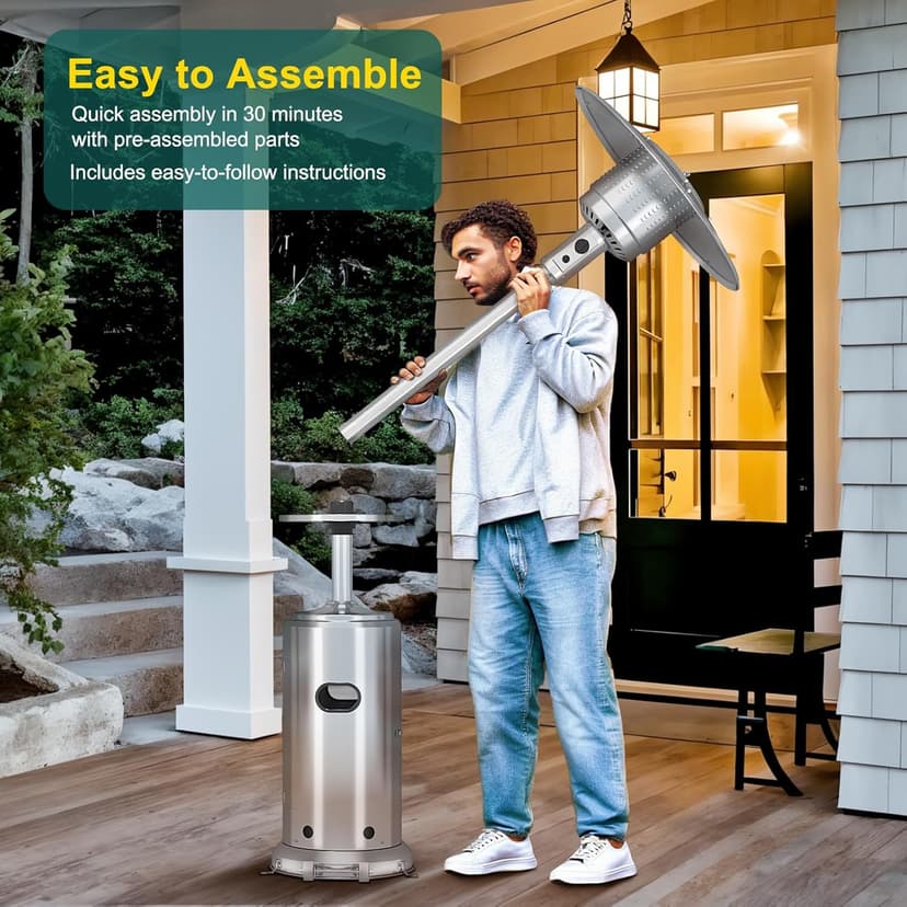 Stainless Steel Propane Patio Heater,48000BTU Outdoor Gas Heater with Ignition Systems and Wheels, Deck Heater for Backyard Garden Restaurant Cafes,Double-Layer Burner,Cover Up 200 Sq.ft