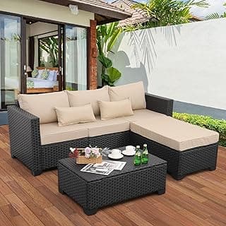 Rattaner 3 Pieces Patio Furniture Set Outdoor Sectional Wicker Patio Furniture Patio Couch with Ottoman and Outdoor Storage Table All-Weather Anti-Slip Cushions Waterproof Covers, Khaki