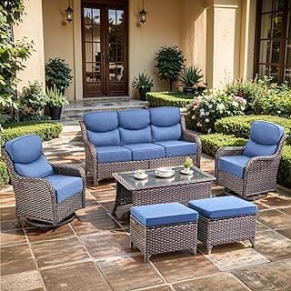 Luxury High Back Outdoor Furniture with 6-inch Extra Thick Cushions, Patio Furniture Set with Swivel Chairs, 6 PCS Wicker Conversation Set for Yard, Deck, Poolside, Brown/Blue