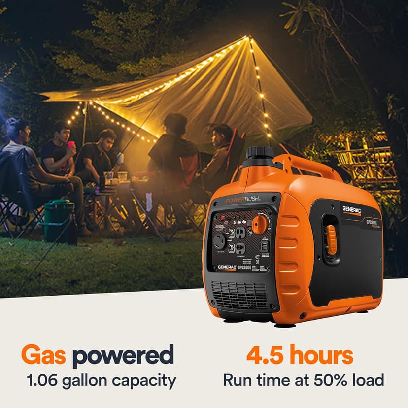 Generac 3,300-Watt Gas-Powered Portable Inverter Generator - Lightweight Design - USB Ports for Mobile Device Charging - COsense Technology - Perfect for Home use - Orange/Black