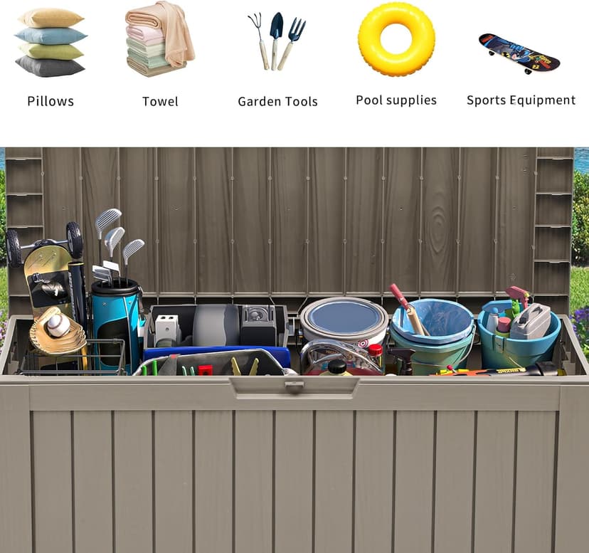 YITAHOME 72 Gallon Outdoor Storage Box, Resin Deck Box Indoor & Outdoor Patio Storage Box w/Wheels for Throw Pillows, Athletic Gear, Yard Implements (Light Brown)